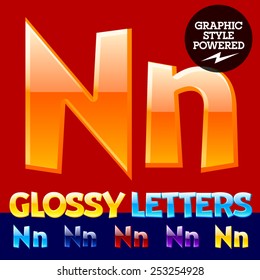 Vector set of glossy modern alphabet in different colors. Letter N. Also includes graphic styles