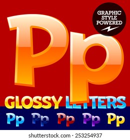 Vector set of glossy modern alphabet in different colors. Letter P. Also includes graphic styles