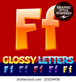 Vector set of glossy modern alphabet in different colors. Letter F. Also includes graphic styles