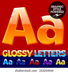 Vector set of glossy modern alphabet in different colors. Letter A. Also includes graphic styles