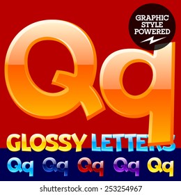 Vector set of glossy modern alphabet in different colors. Letter Q. Also includes graphic styles