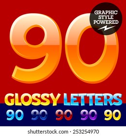 Vector set of glossy modern alphabet in different colors. Numbers 9 0. Also includes graphic styles
