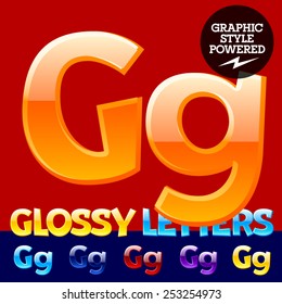 Vector set of glossy modern alphabet in different colors. Letter G. Also includes graphic styles