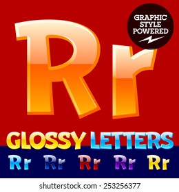 Vector set of glossy modern alphabet in different colors. Letter R. Also includes graphic styles