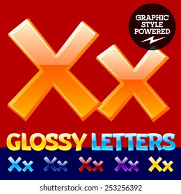 Vector set of glossy modern alphabet in different colors. Letter X. Also includes graphic styles