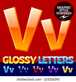 Vector set of glossy modern alphabet in different colors. Letter V. Also includes graphic styles