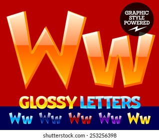 Vector set of glossy modern alphabet in different colors. Letter W. Also includes graphic styles