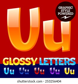 Vector set of glossy modern alphabet in different colors. Letter U. Also includes graphic styles