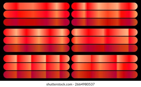 Conjunto vetorial de gradientes vermelhos brilhantes. Uma coleção de paletas de cores metálicas suaves e brilhantes para design gráfico moderno.