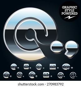 Vector set of glossy and shiny metal steel font. Symbols