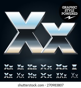 Vector set of glossy and shiny metal steel font. Letter X
