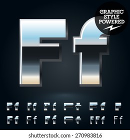 Vector set of glossy and shiny metal steel font. Letter F