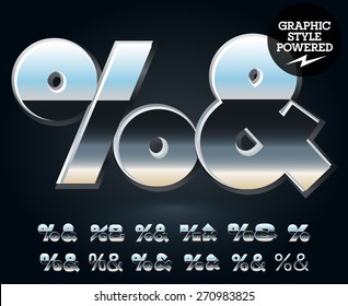 Vector set of glossy and shiny metal steel font. Symbols