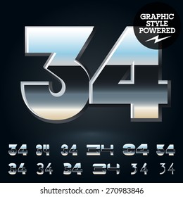 Vector set of glossy and shiny metal steel font. Numbers 3 4