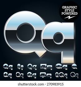 Vector set of glossy and shiny metal steel font. Letter Q