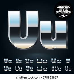 Vector set of glossy and shiny metal steel font. Letter U