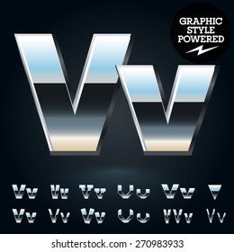 Vector set of glossy and shiny metal steel font. Letter V
