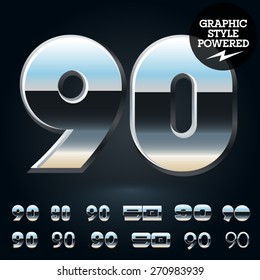 Vector set of glossy and shiny metal steel font. Numbers  9 0