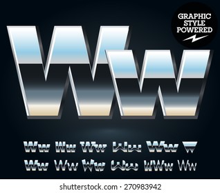 Conjunto de vectores de fuente de acero metálico brillante y brillante. Letra W