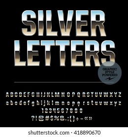 Vector set of glossy silver alphabet letters, numbers and punctuation symbols. Condense style