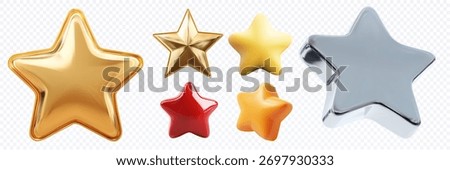 Vector set of glossy star icons in gold, silver, red, orange and yellow, metallic and plastic styles, isolated on transparent background for rating, awards, stickers, app UI and web design
