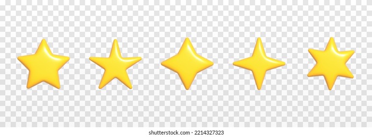 Vector set of glossy stars on an isolated transparent background. Yellow stars of different shapes PNG. Website design.