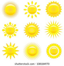 Vector set of glossy sun images isolated on white background