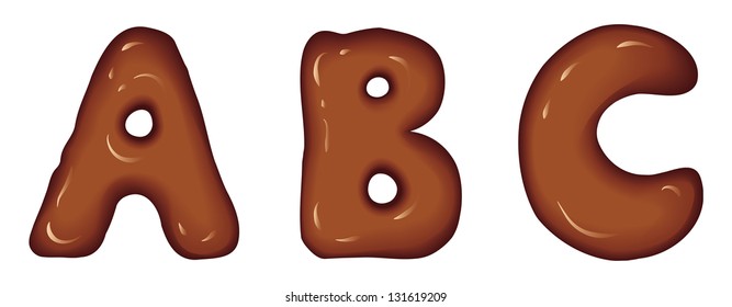 Vector set of glossy three-dimensional letters consisting of melted dark chocolate