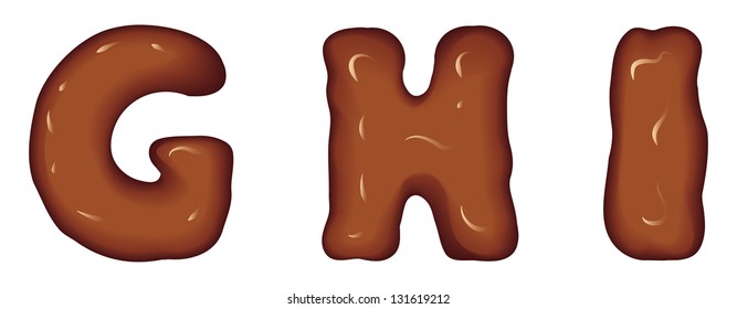 Vector set of glossy three-dimensional letters consisting of melted dark chocolate