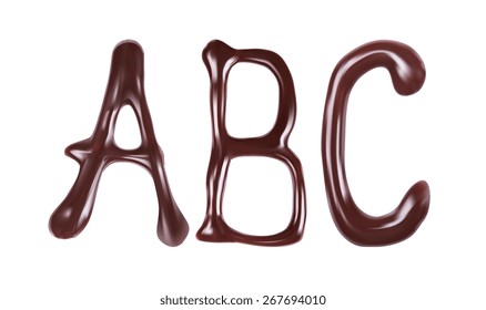 Vector set of glossy three-dimensional letters consisting of melted dark chocolate