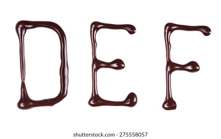 Vector set of glossy three-dimensional letters consisting of melted dark chocolate