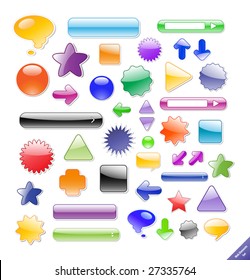 Vector set of glossy web design elements for icons, buttons, such as circles, stars, banners, search forms, triangles, squares, arrows, thinking bubbles in purple, red, blue, green, violet colors