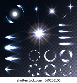 Vector set of glow light effect, stars, bursts with sparkles isolated on transparent background. For illustration template art design, banner for Christmas celebrate, magic flash energy ray.