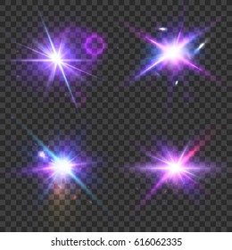 Vector set with glow light effect on a transparent.Star burst with sparkles.Lens Flare collection.Abstract Space concept template isolated.Flash Highlight beam. Glare, shiny, flicker and luminescence.
