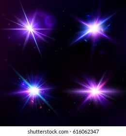 Vector set with glow light effect. Star burst with sparkles. Lens Flare collection. Abstract Space concept template isolated. Flash Highlight beam. Glare, shiny, flicker and luminescence.
