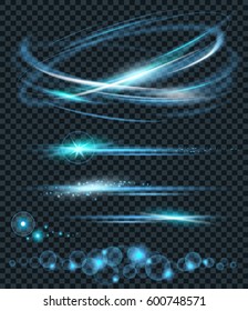 Vector Set Of Glow Lightning Flare And Circle Light Effect With Sparkles Isolated On Black Background. For Illustration Template Art Design. Transparent Light Effects