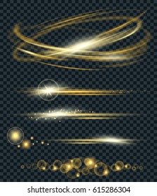 Vector set of glow lightning flare and circle light effect with sparkles isolated on black background. For illustration template art design. Transparent light effects