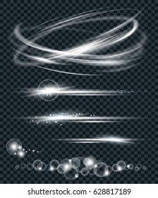 Vector set of glow lightning flare and circle light effect with sparkles isolated on black background. For illustration template art design. Transparent light effects