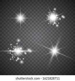 Vector set of glowing bursts of light with sparkles on a transparent background. Transparent gradient stars, lightning flashes. Magical, vibrant, natural effects.