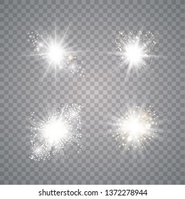 Vector set of glowing light bursts with sparkles on transparent background. Transparent gradient stars, lightning flare. Magic, bright, Vector illustration eps10.