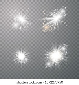 Vector set of glowing light bursts with sparkles on transparent background. Transparent gradient stars, lightning flare. Magic, bright, Vector illustration eps10.
