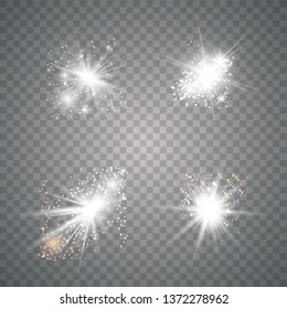 Vector set of glowing light bursts with sparkles on transparent background. Transparent gradient stars, lightning flare. Magic, bright, Vector illustration eps10.