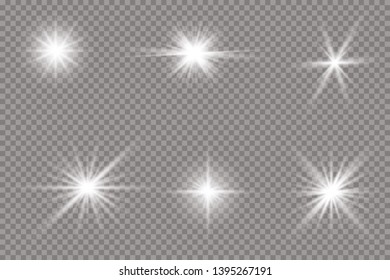 Vector set of glowing light bursts with sparkles on transparent background. Transparent gradient stars, lightning flare. Magic, bright, natural effects. Abstract texture for your design and business. 