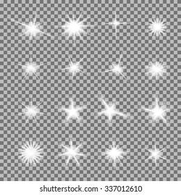 Vector set of glowing light bursts with sparkles on transparent background. Transparent gradient stars, lightning flare. Magic, bright, natural effects. Abstract texture for your design and business.