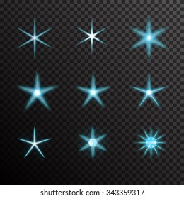 Vector set of glowing light bursts on black. Gradient transparent stars, lightning flare. Magic, bright, natural effects. Banner for Christmas celebrate. Abstract template for your design and business