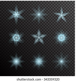Vector set of glowing light bursts on black. Gradient transparent stars, lightning flare. Magic, bright, natural effects. Banner for Christmas celebrate. Abstract template for your design and business