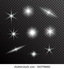 Vector set of glowing light bursts on black. Gradient transparent stars, lightning flare. Magic, bright, natural effects. Banner for Christmas celebrate. Abstract template for your design and business