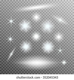 Vector set of glowing light bursts with sparkles on transparent background. Transparent gradient stars, lightning flare. Magic, bright, natural effects. Abstract texture for your design and business.