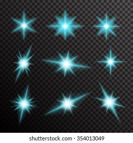Vector set of glowing light bursts with sparkles on transparent background. Transparent gradient stars, lightning flare. Magic, bright, natural effects. Abstract texture for your design and business.