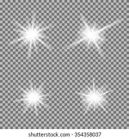 Vector set of glowing light bursts with sparkles on transparent background. Transparent gradient stars, lightning flare. Magic, bright, natural effects. Abstract texture for your design and business.